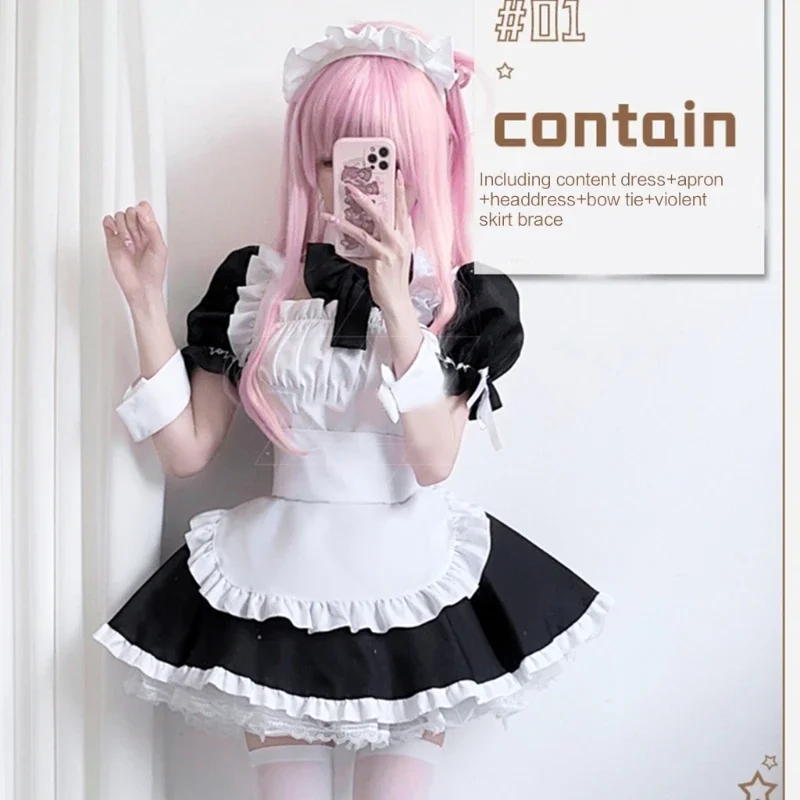 Lolita Cosplay Costumes 7Pcs/Set French Maid Costume Accessories Gothic Black White Dress Skirt Lace Bowknot Apron Hairband Costume for Women lolita cosplay costumes