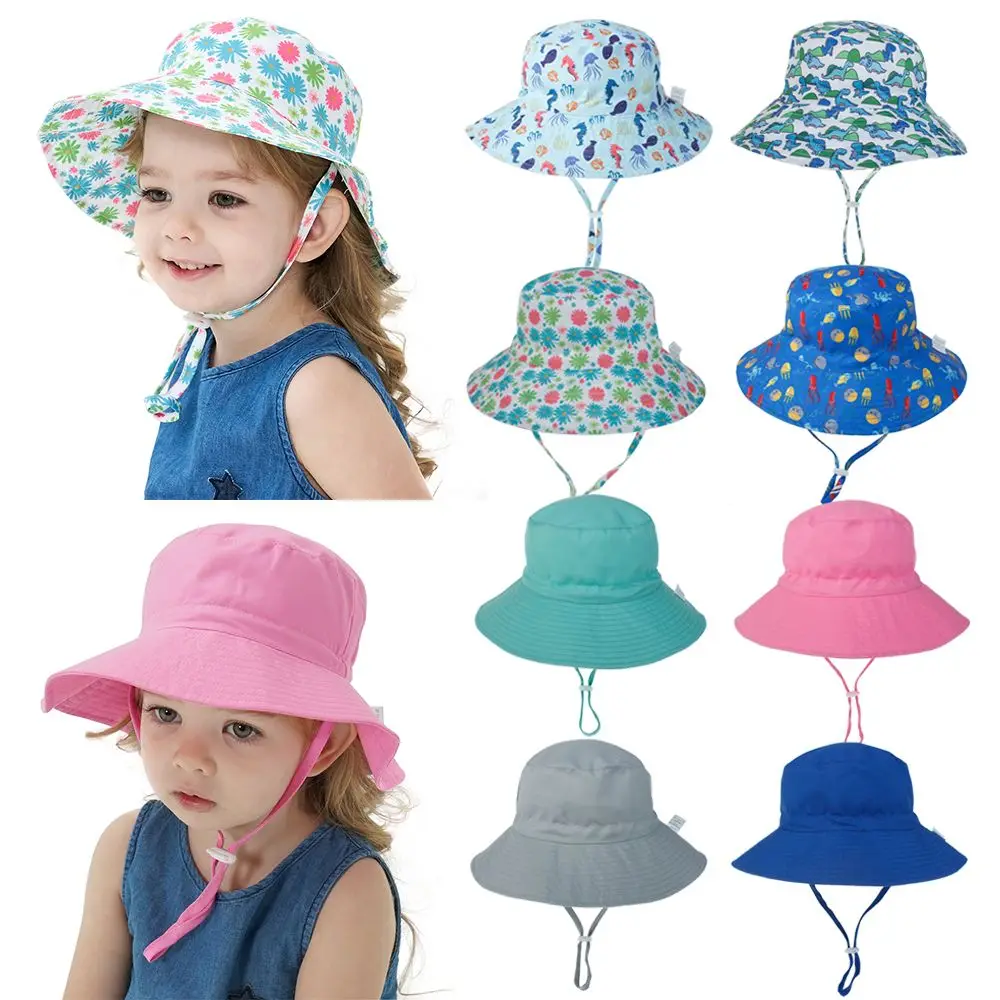 Summer For 0-8 Years Swimming Hats Neck Ear Cover Wide Brim Beach Cap Baby Sun Hat Bucket Hat with Adjustable Chin Strap