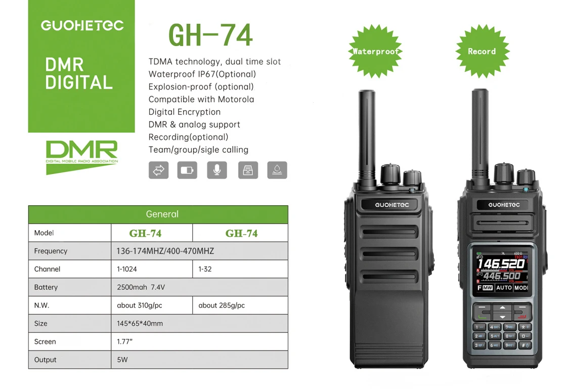 

Портативная рация GUOHETEC, DMR и аналоговая, VHF, UHF, экран, клавиатура, двухстороннее радио, 1024 каналов, беспроводная связь, 5 Вт