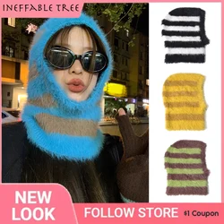 Winter Design Balaclava Knitted Women's Hat Stripe Mink Hair Cap Bonnets for Female Personality Neck Warm Skullies Beanies Gorra