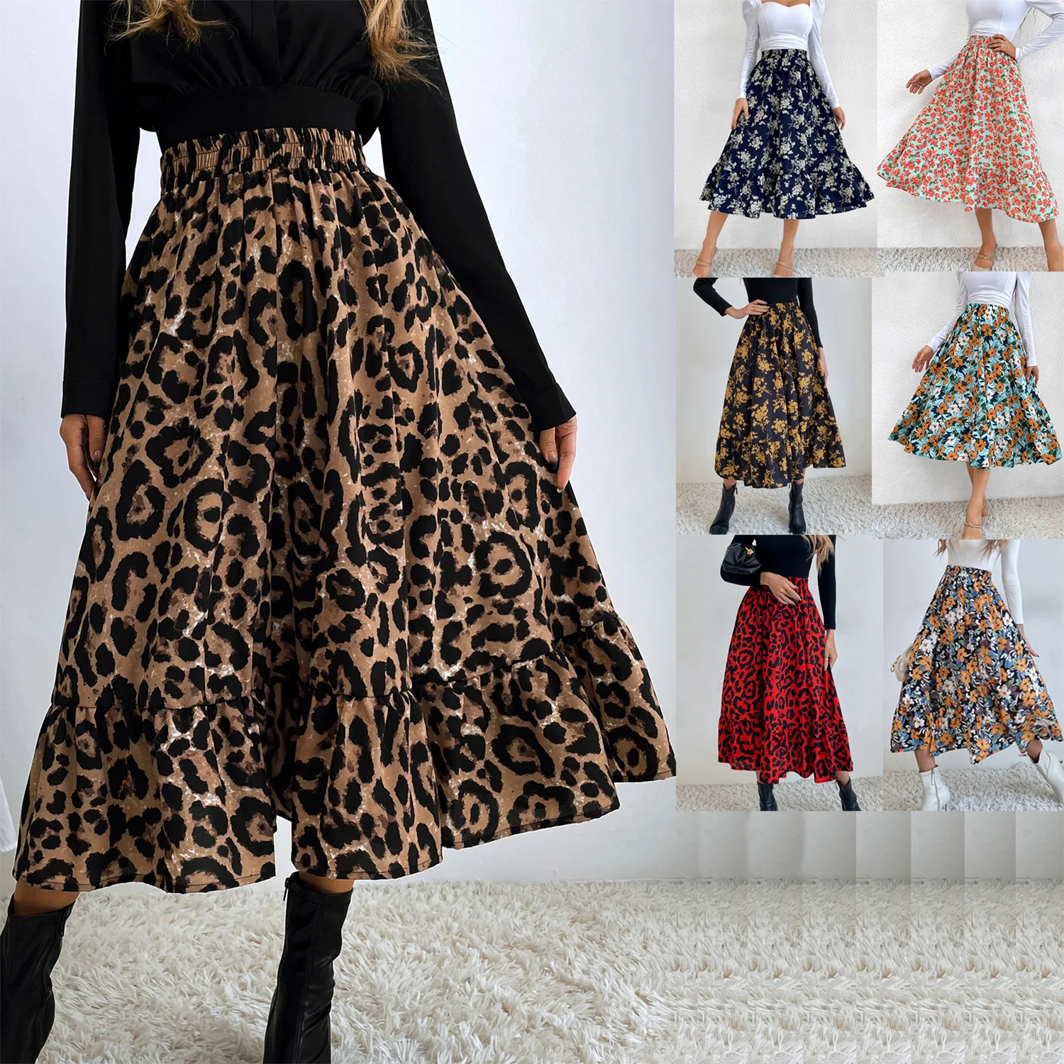 

2023 New Women Clothing Casual Long Floral Printed Middle Waist Simple Elegant Elastic Skirts