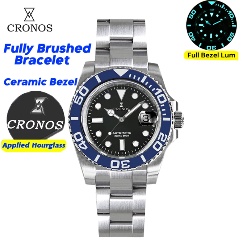 Cronos-男性用ダイバーズウォッチ,両面セラミックベゼル,耐水性,フル