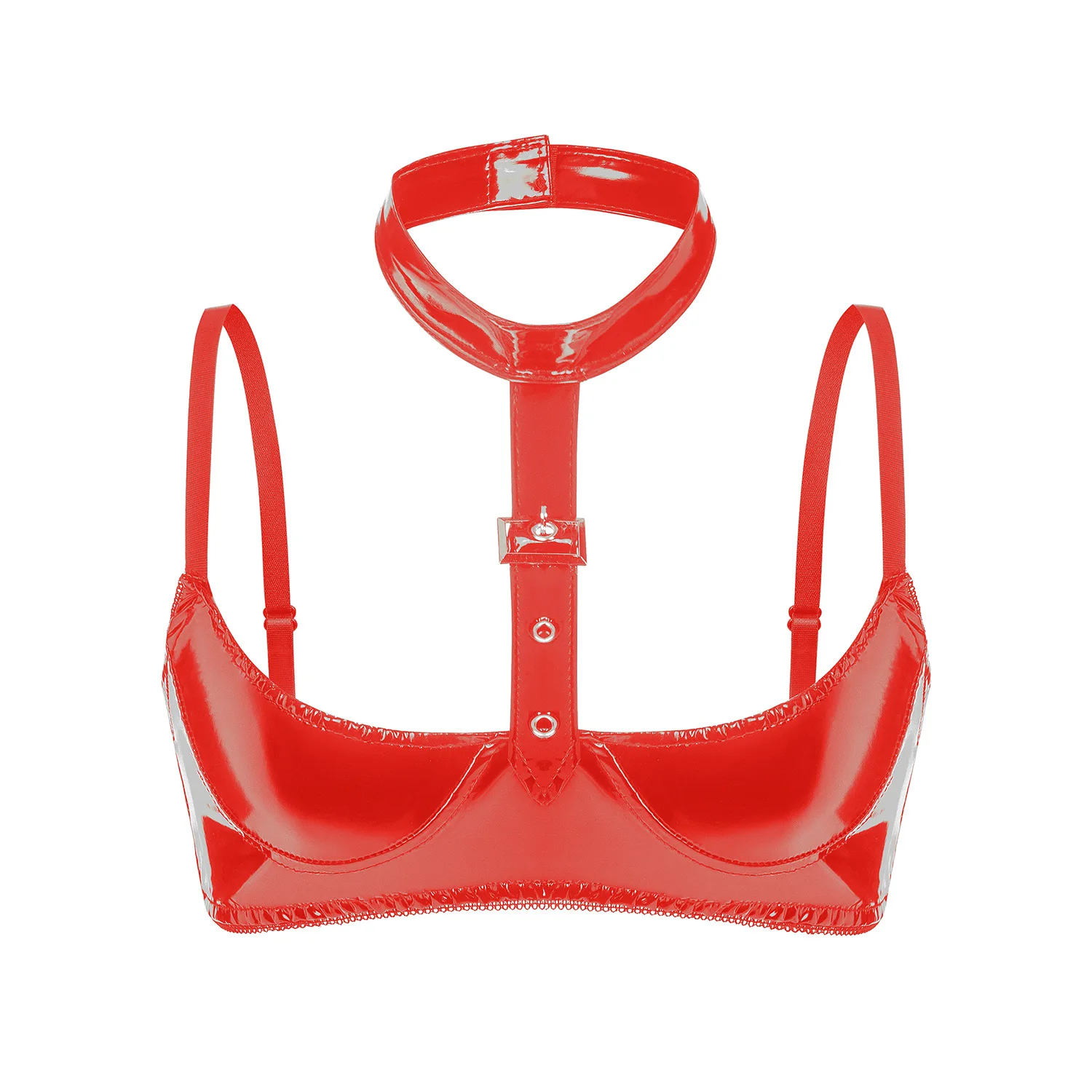 Women's Sexy Low Cup Glossy PVC Leather Bra Erotic Lingerie Adjustable Bracette Latex Wet Look Halter Neck Hot Porn Bra Tops