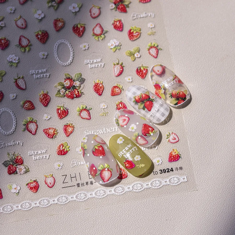 5D 소프트 릴리프 네일 스티커 귀여운 일본 레이스 딸기 네일 스티커 달콤한 셀프 접착 매니큐어 장식 DIY 데칼