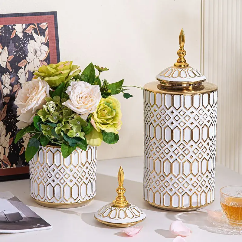 Ceramic Checkmate Jar Porcelain Jar of Ginger Flower Vase Gold Geometric Storage Tank Flower Arranging Craft Home Decoration 2