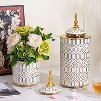 Ceramic Checkmate Jar Porcelain Jar of Ginger Flower Vase Gold Geometric Storage Tank Flower Arranging Craft Home Decoration 2