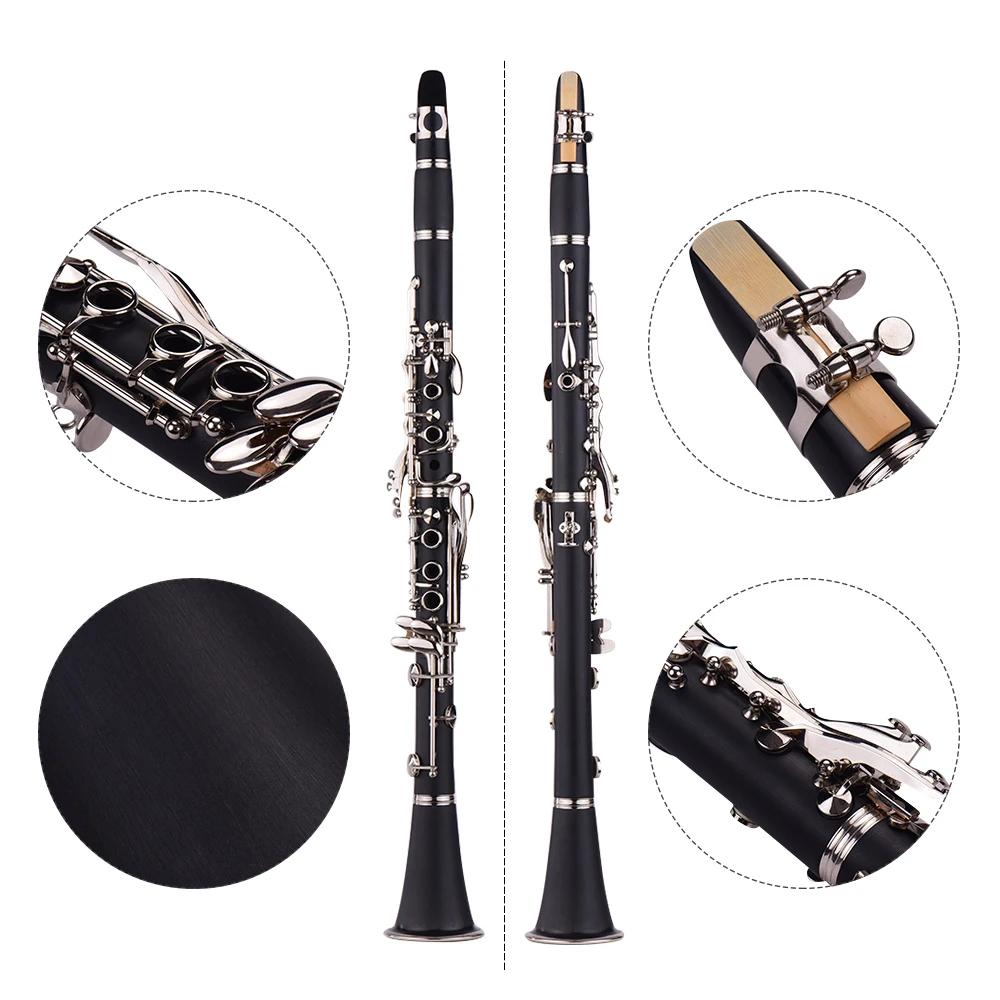 ABS 17-Key Clarinet Bb Flat with Carry Case Gloves Cleaning Cloth Mini Screwdriver Reed Case 10pcs Reeds Woodwind Instrument