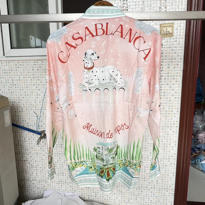 

Spot Dog Court Print Thin Silk CASABLANCA Shirt Hawaii Men Women Beach Holiday Long Sleeve Shirt Blouse