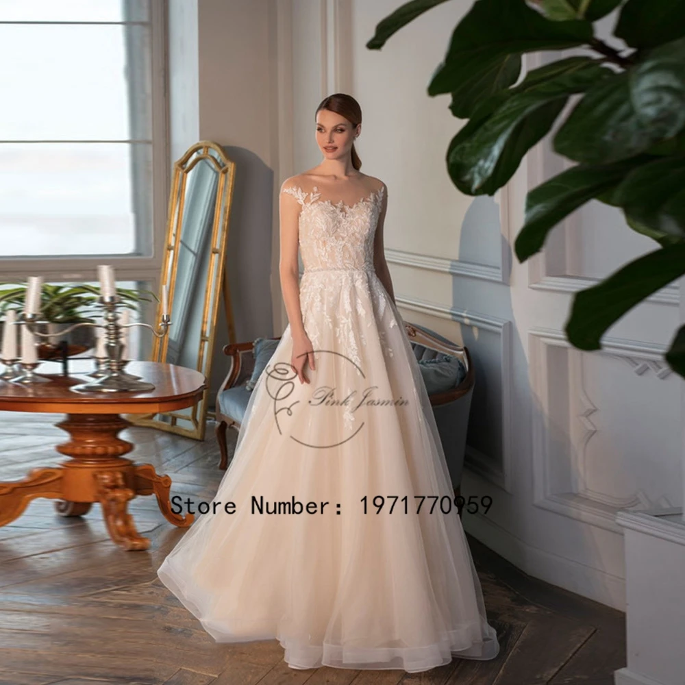 

Champagne Sheer Neck Cup Sleeves Wedding Dresses For Women Applique Bridal Gowns Soft Tulle Elegant Court Train Button Back 2024