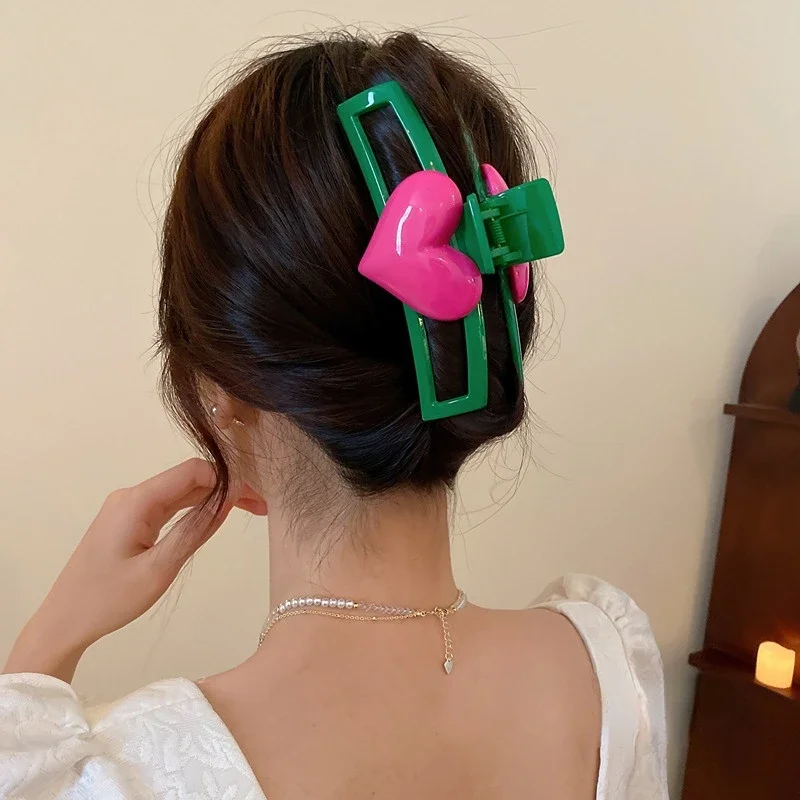 

Korean New Square Hollow Heart Shaped Hair Claw Green Geometric Shark Clip Hair Ornament Headwear Hair Accessories for Women
