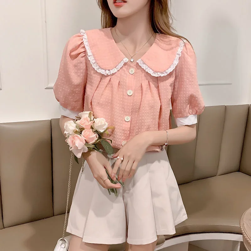 

Summer Vintage Blusas Mujer De Moda 2023 Peter Pan Collar Lace Patchwork Blouses Single-breasted Age Reducing All-match Shirts