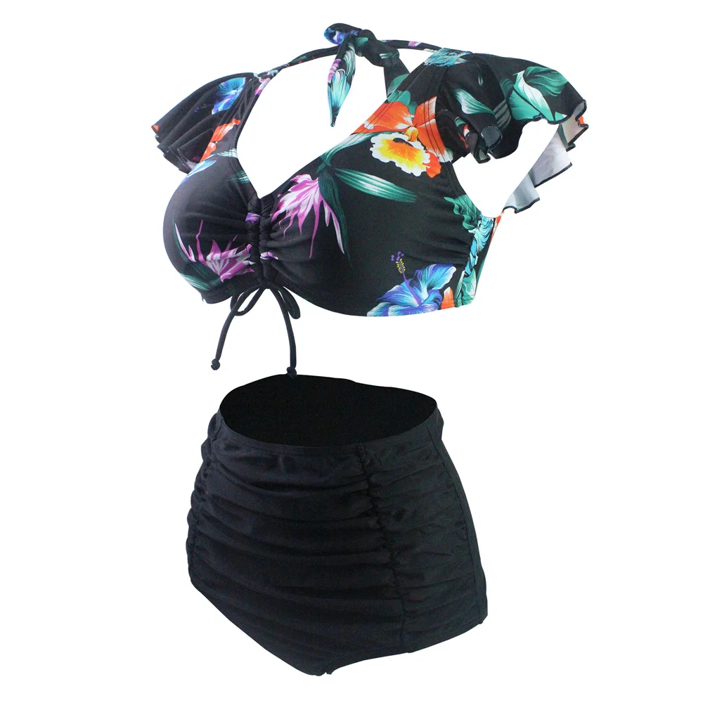 Printed swimsuit sexy bikini high-waisted triangle two-piece swimsuit women's knotted lace-up bikini