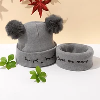 2Pcs/Set Autumn Winter Warm Baby Hat Scarf Set Solid Color Girl Boy Hats Embroidery Infant Toddler Beanies For Kids 5