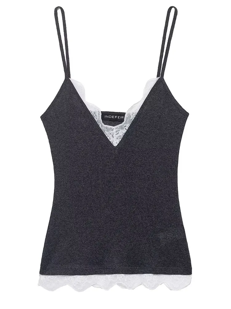 HH Women Lace Splicing Strap Tops Sexy Slim V Neck Sleeveless Tank Top Basic Solid  Fashion High Street Lady Thin Camisole Top