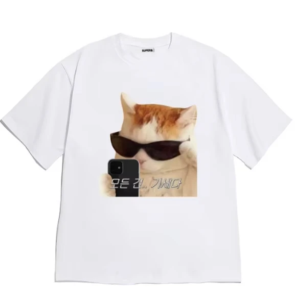2026 Neutrale Stil Coole Katzen-Selfie T-Shirt mit koreanischem Text-Meme-Druck, Kurzarm, Rundhals, weich, waschbar