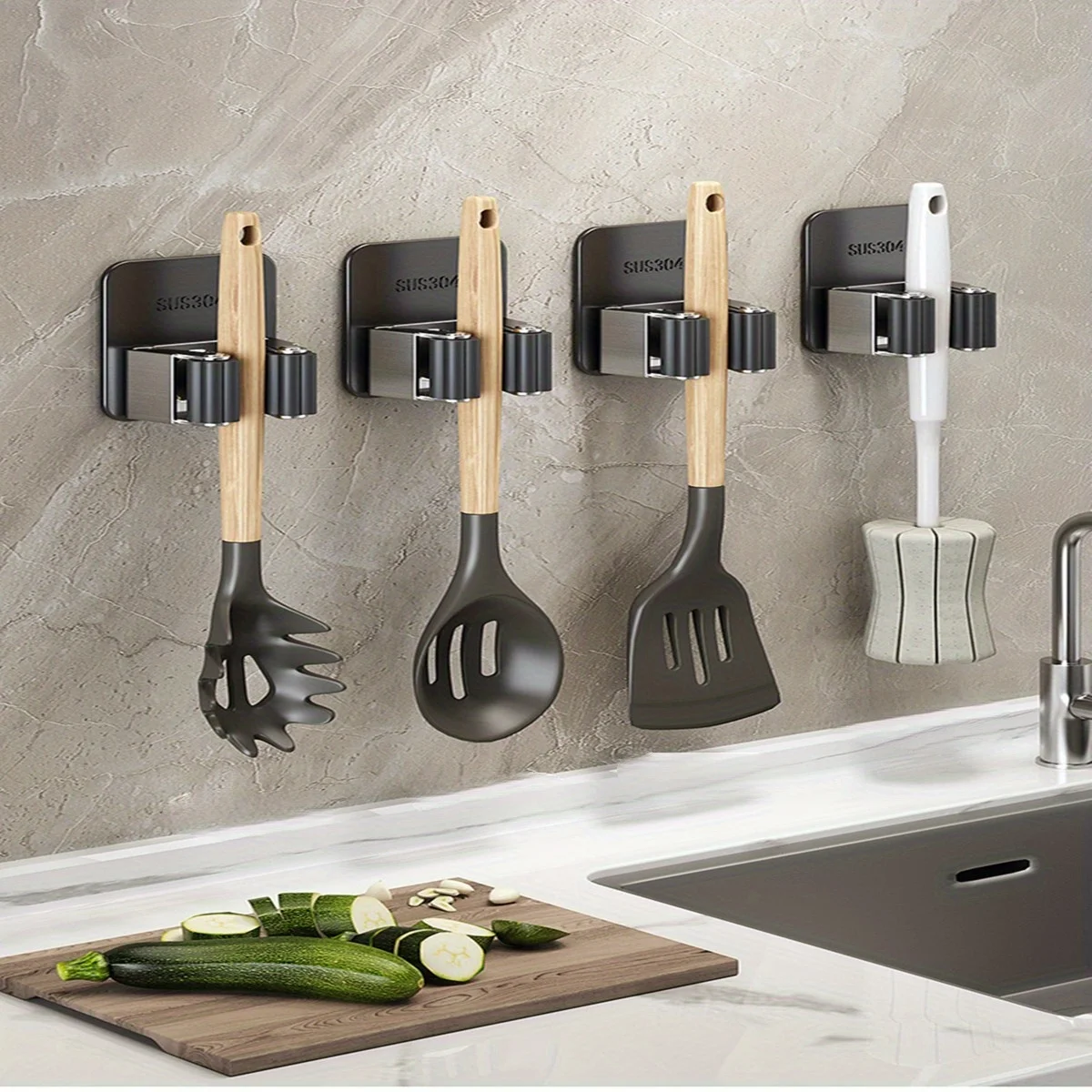 

4Pcs Stainless Steel Mop Broom Holder,Wall Mounted Self Adhesive Mop Holder With Hooks, Broom Holder Hanger Organizer