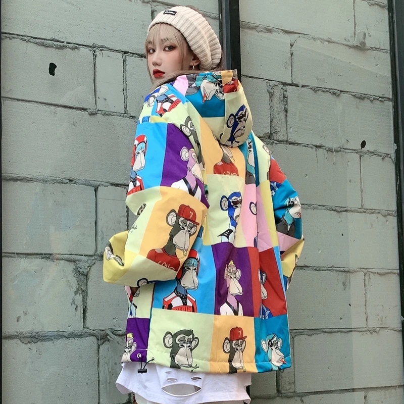 Colorful Anime Puffer Hooded Jackets for Women Fashion Trends Casual Clothing Teenage Girls Oversized Streetwear Pullover Coats
