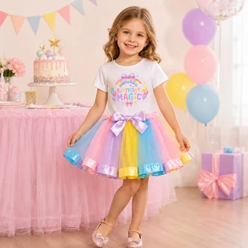 Set di vestiti magici per compleanno per bambini, t-shirt a maniche corte con stampa arcobaleno per ragazze + gonna tutù con fiocco colorato, costume per feste di compleanno per bambini