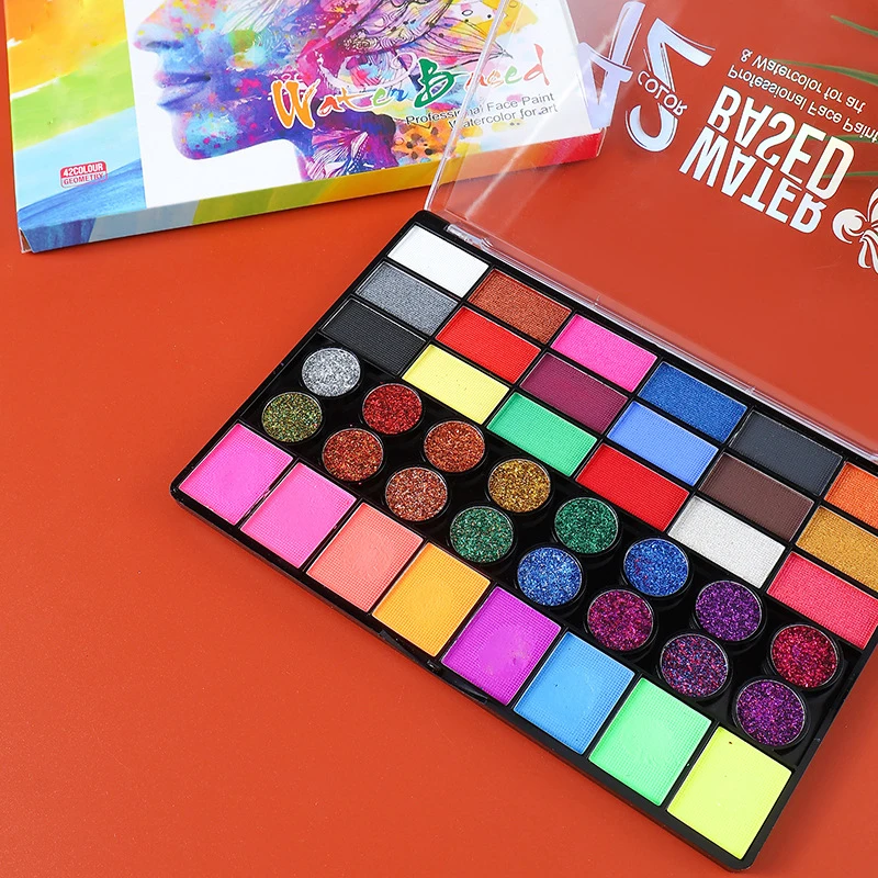 42 Colors Water Soluble Face Body Painting Set UV Neon Glitter Face Paint Art Halloween and Christmas Party Body Paint Makeup 4