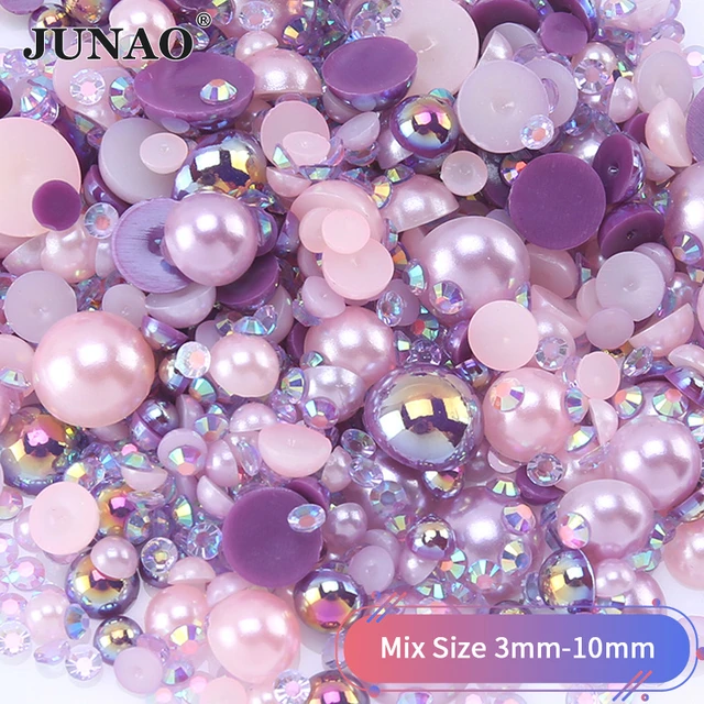 60g Pink Purple Flat Back Pearls Rhinestones for Crafts Mixed Size 3mm-10mm  AB Color Round Half Pearls Flatback Pearl Beads and Resin Rhinestones Set