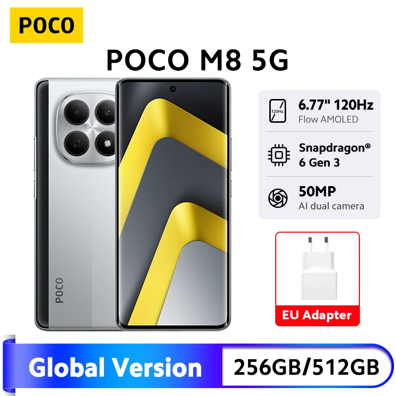 Nowy smartfon POCO M8 5G w wersji globalnej z procesorem Snapdragon ®   Kamera 6 Gen 3 50MP, wyświetlacz AMOLED 6,77 cala 120Hz, bateria 5520mAh, ładowanie 45W, NFC