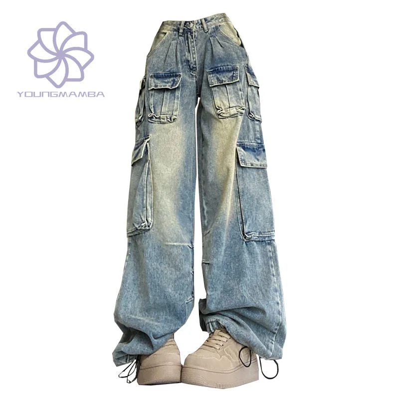 

Hight Street High Waist Women Cargo Pants Korean Fashion Y2k Streetwear Denim Trouser Vintage Wide Leg Jeans