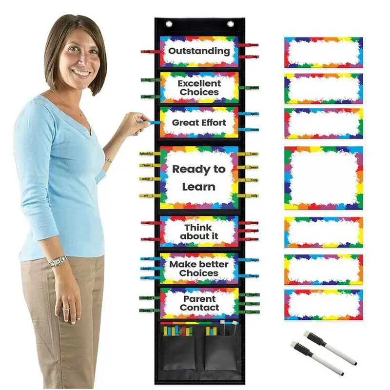 

Behavior Clip Chart Reward Pocket Chart For Kids Track Dangling Bulletin Board With Wooden Clips Multifunctional Behavior Chart