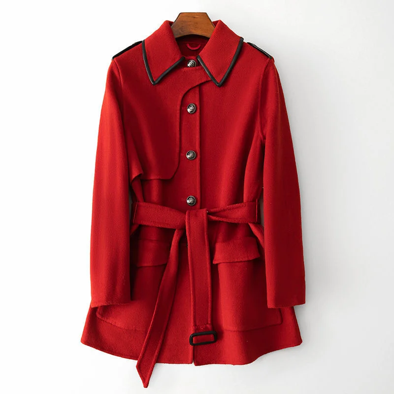 Sheep Wool 2023 Spring and Autumn New Double-Sided Woolen Coat Temperament Fashion in The Long Women's Coat Solid Color Commute