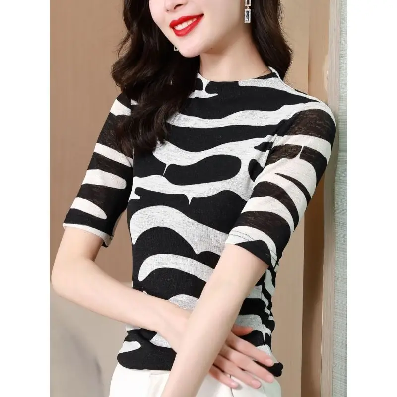 Fashion Stand Collar Printed All-match Gauze Blouse Women's Clothing 2024 Spring New Oversized Casual Pullovers Commute Shirt