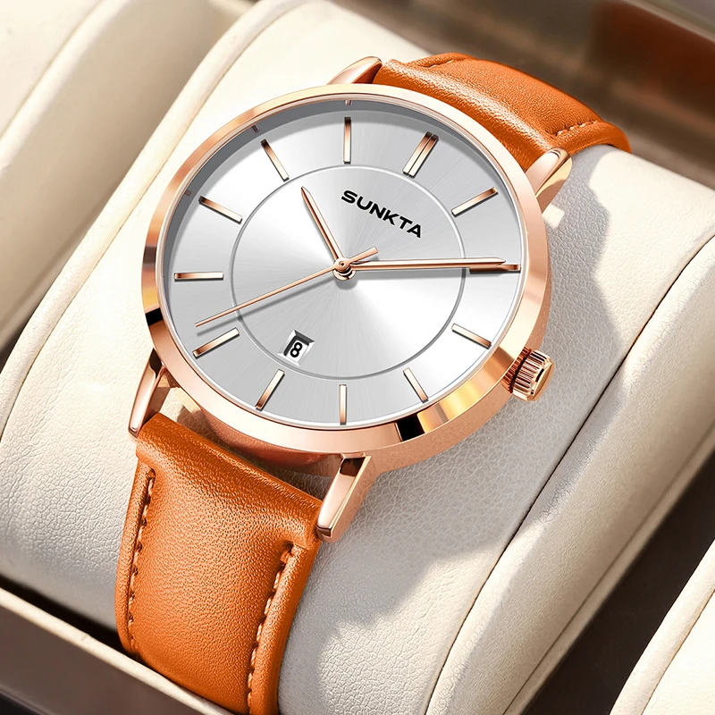 LIGE SUNKTA Simple Sports Watches For Men Fashion Top Brand Luxury Orange Leather Waterproof Men Quartz Watch Reloj Hombre+BOX