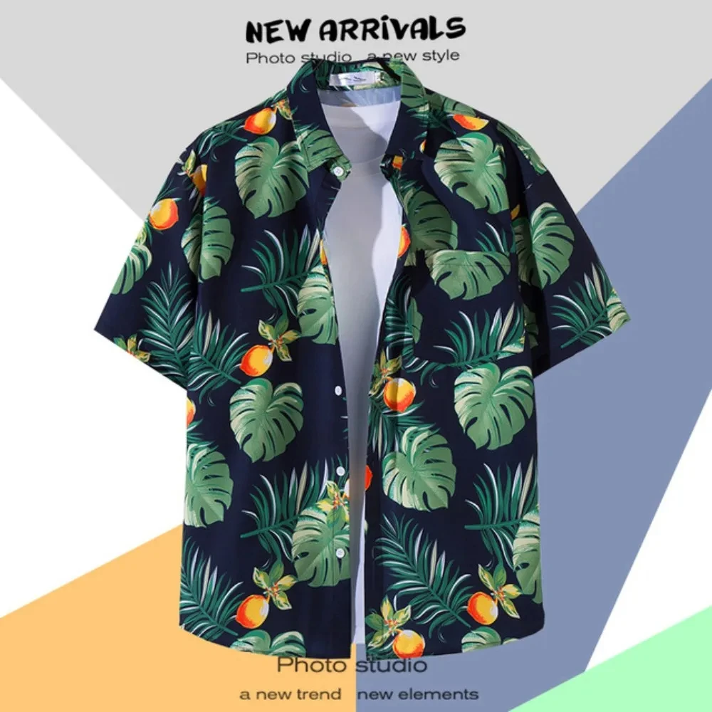 

Hawaiian Men's Floral Shirt Summer Geometric Print Short Sleeved Top Oversized Seaside Holiday Single Breasted Casual Clothing