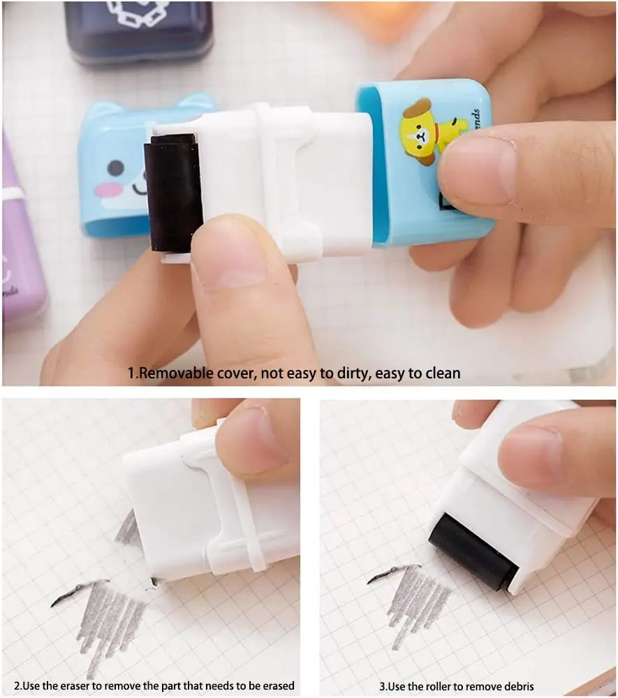 6 Pcs Cute Pencil Eraser, Cartoon Animal Themed Roller Colorful Rectangle Eraser, Pencil Rubber Erasers for Kids School Office S
