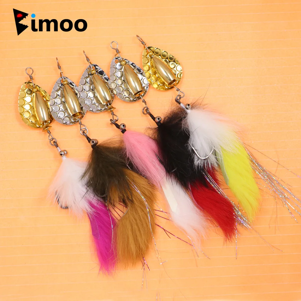 Bimoo 5Pcs Hare Zonker Streamer W/Brass Sinker Spoon Lure Bait Set Decoy Bait Paillettes Stinger Fishhook Spinner Fishing Lure