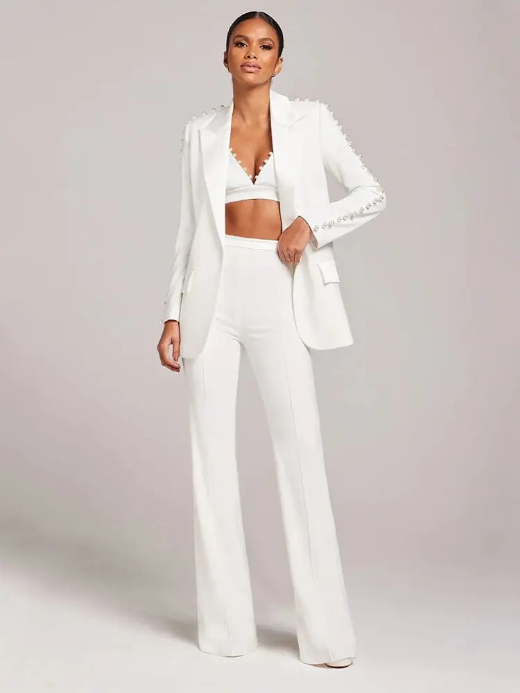 

Latest 2023 Runway Designer Set White Sexy V-neck Beaded Women's Celebrity Party Single Button Suit Flare Pants Suit