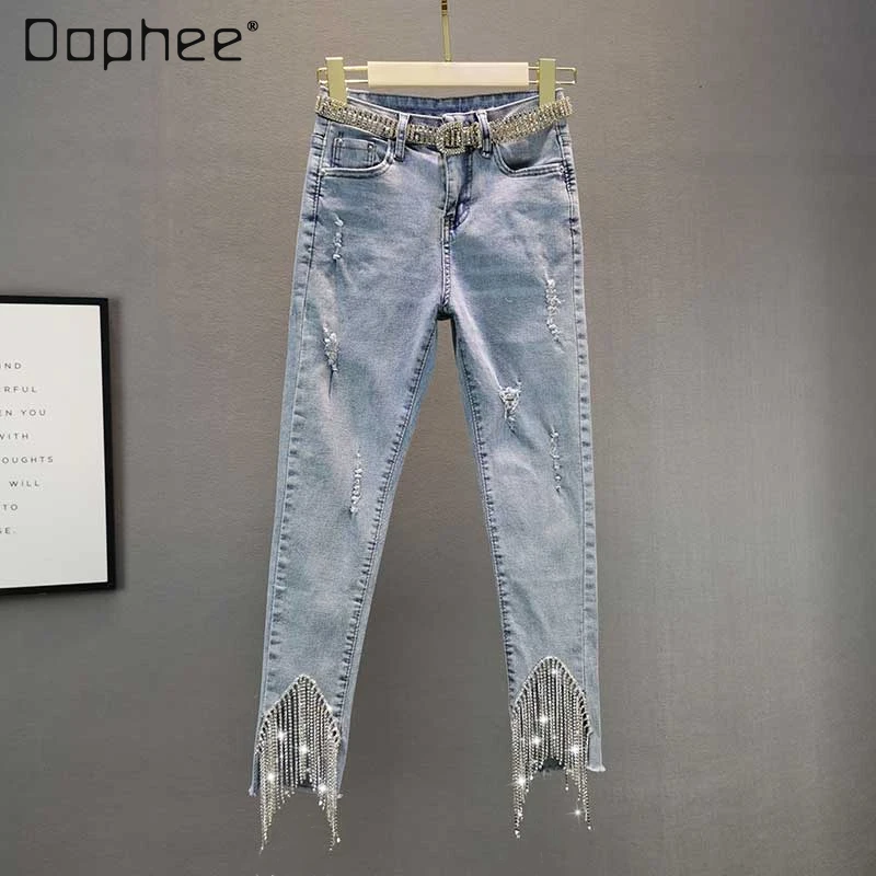 Spring New Women's Cotton Elastic High Waist Irregular Rhinestone Tassel Denim Pants Hole Ripped Ankle Length Jeans