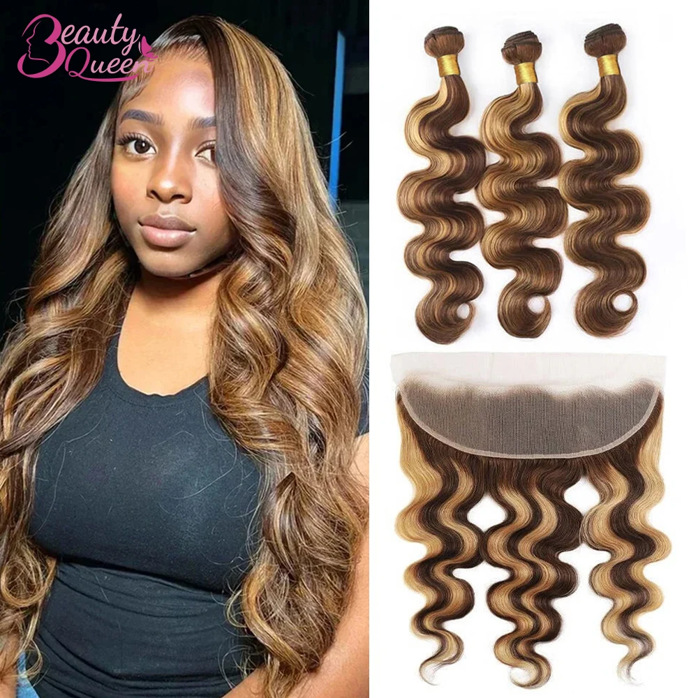 Ombre Highlight 13x4 Bundles With Frontal 100% Human Hair Body Wave Bundles With 13x4 Frontal Human Hair Tissage Extensions