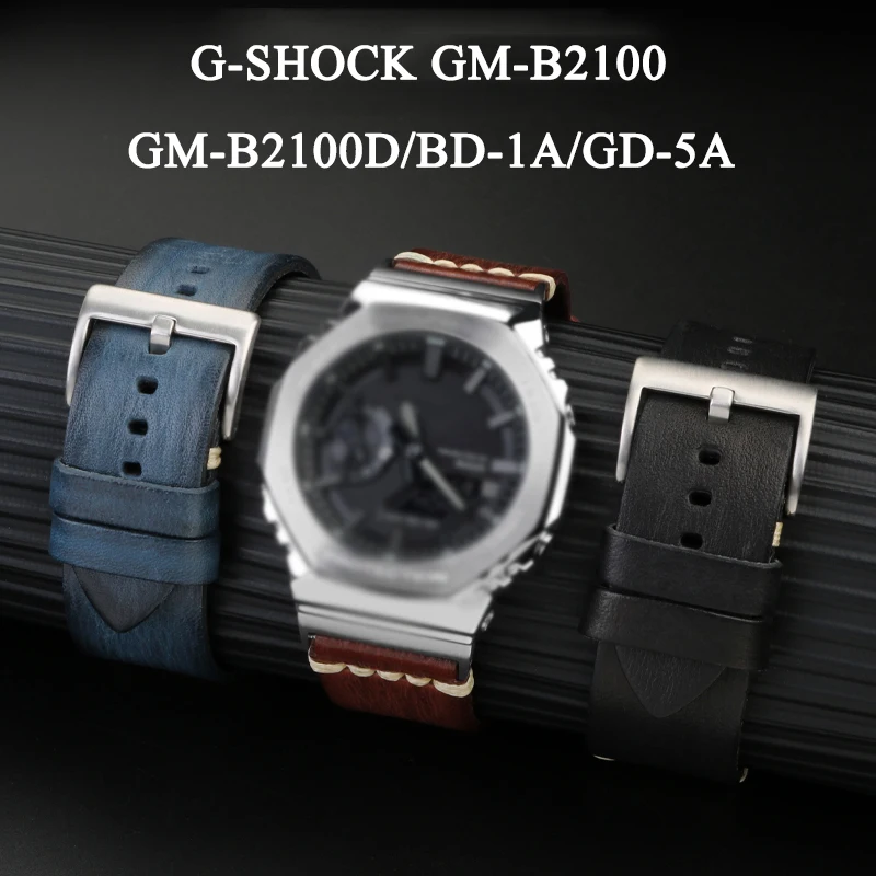 Cinturino Per Orologio Modificato Con Cinturino In Vera Pelle Per Casio G-Shock Gmw-B5000 Bracciale Piccolo Argento Block 3459 Gmw-Bgm-B2100D Da Uomo