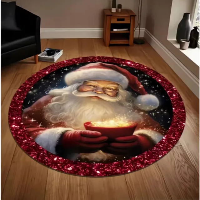 พรมธีมคริสต์มาส ลายซานตาคลอสและเกล็ดหิมะ ทรงกลม นุ่มสบาย สำหรับปูพื้นห้องนั่งเล่น ห้องทำงาน ห้องเล่นเกม 1