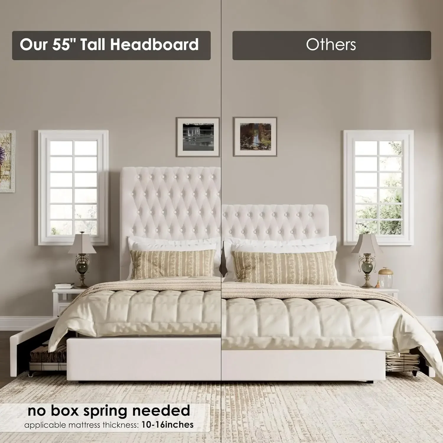 Queen Size Bed Frame 55" Tall Headboard with Gorgeous Button Tufted and Nail, Velvet Fabric Upholstered Bed Frame 5