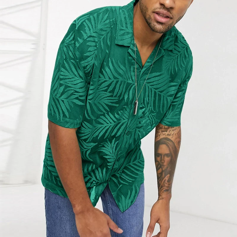 

Рубашка мужская пляжная с отложным воротником, повседневная с короткими рукавами, на пуговицах, винтажная с принтом листьев, топ, лето 2024