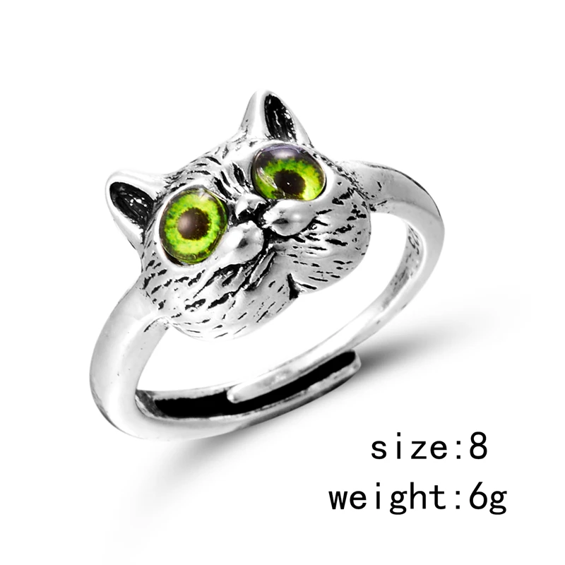 Neue süße silberfarbene Katzenringe für Damen, 3-farbige Katzenaugen, offener Paarring, Gothic-Hochzeits-Fingeraccessoires – Detail 11