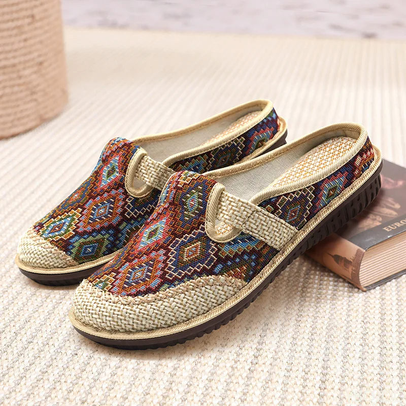 Ethnic Style Embroidered Shoes New Linen Breathable Half Slippers for Women with Soft Soles Women's Cloth Shoes for One Foot