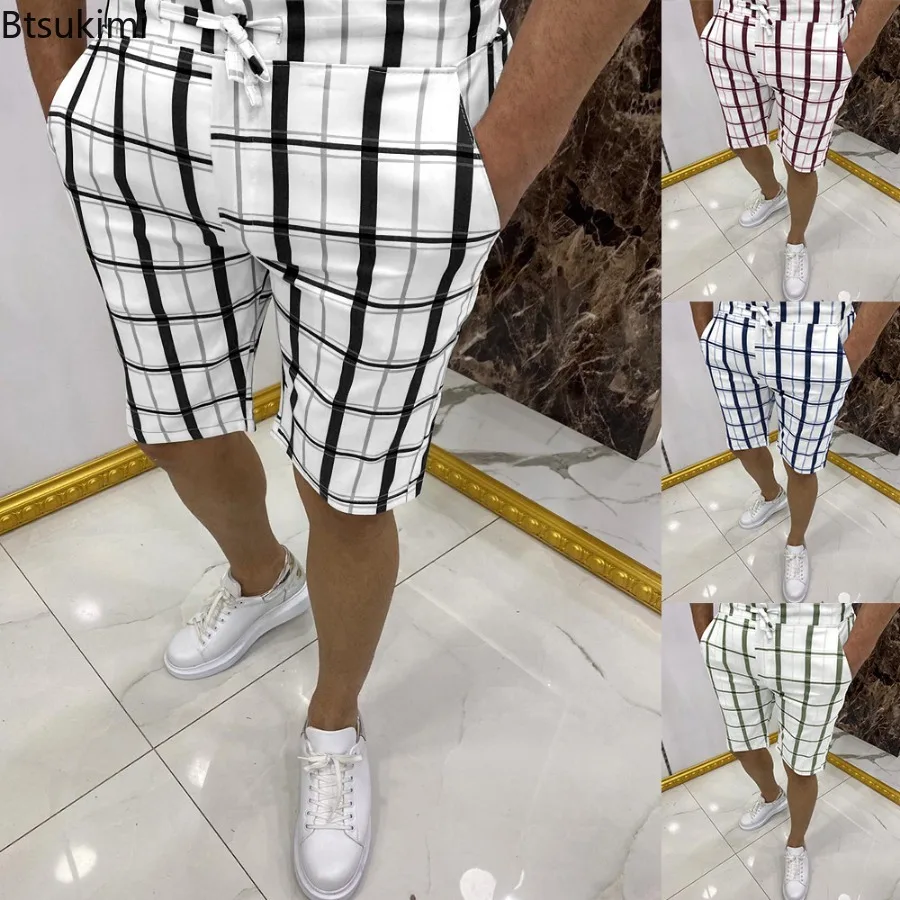 Pantalones cortos informales a la moda para hombre, Shorts ajustados elásticos a rayas para oficina y negocios, ropa de uso diario, tendencia a cuadros, verano 2024