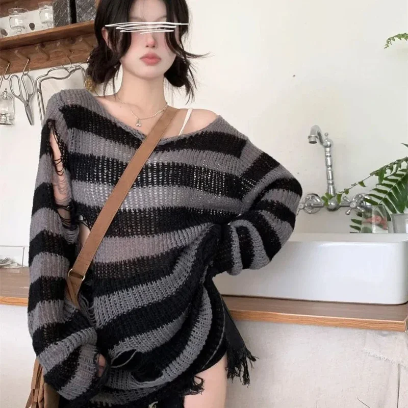 New Goth Punk Gothic Sweater Oversized Pullovers Women Striped Cool Hollow Out Hole Broken Jumper Harajuku Aesthetics Sweater 2