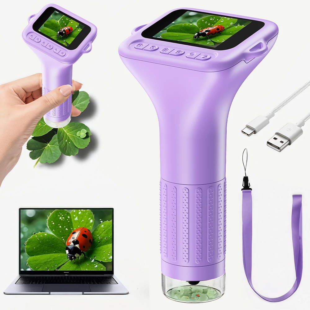 Microscope numérique 1000x pour enfants, écran IPS de 2 pouces, objectif optique 2MP avec caméra et fonction vidéo, cadeau de noël et d’anniversaire