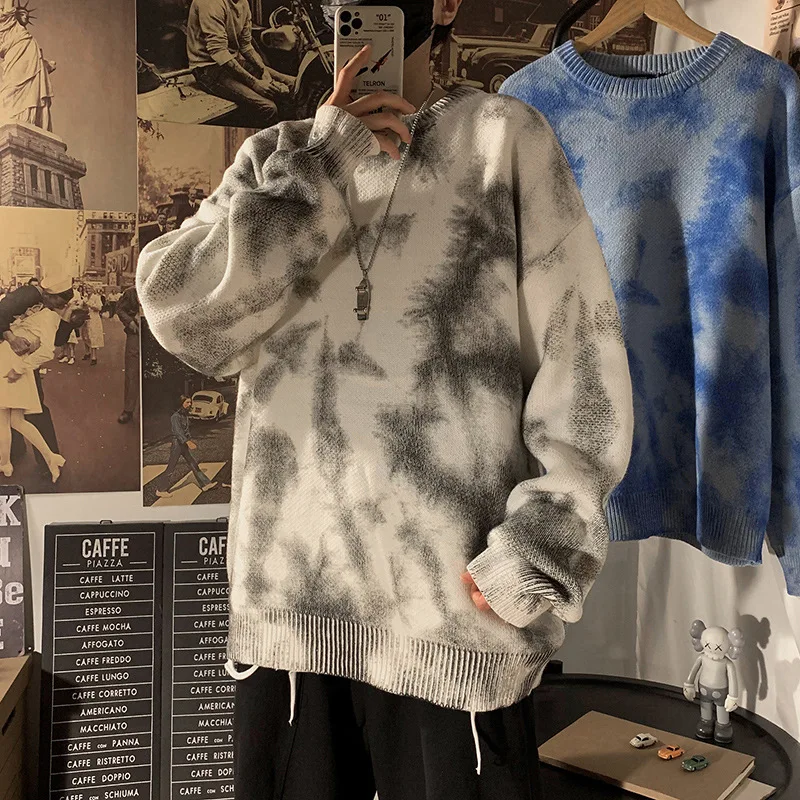

2023 Autumn Winter Korean Tie Dye Pullover Round Neck Sweater Men's Loose Vintage Knitted Sweater Women's Couple Clothing Y2k
