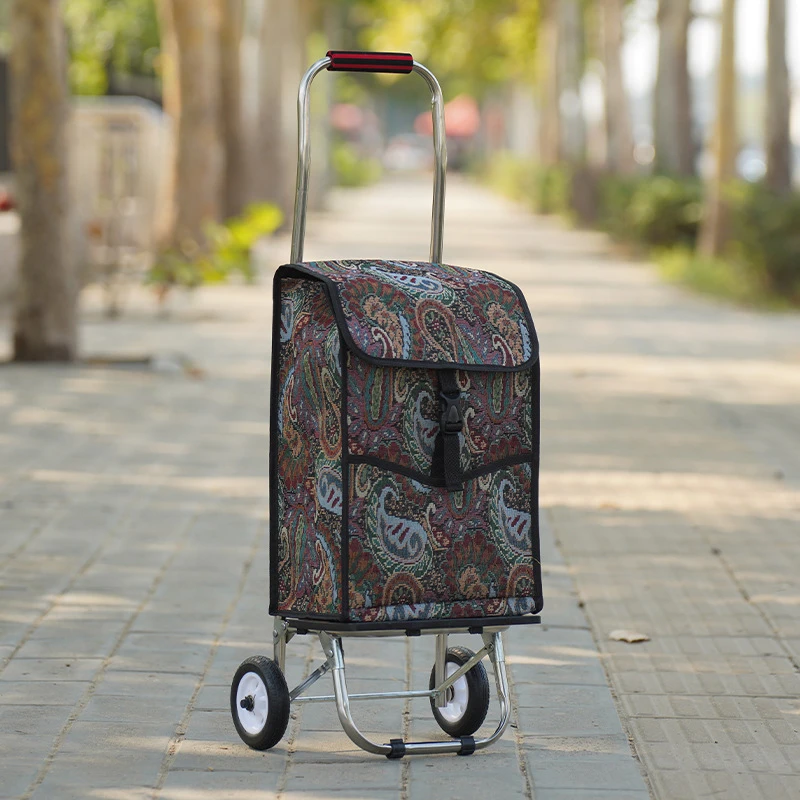 Shopping cart folding supermarket vegetable market shopping cart Oxford stainless steel frame pull rod truck