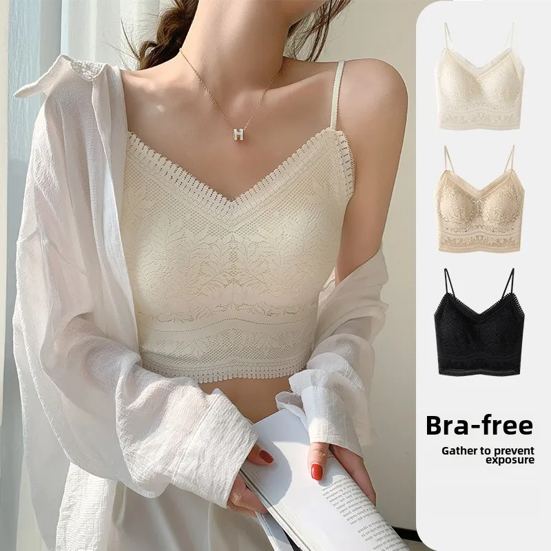 Die neue Damen-Spitzenweste mit nahtlosem kleinen Neckholder, Wickelbrust, nahtlose Unterwäsche, eine Tasse, rutschfester BH, Y2k-Top, Tank-Top, Neckholder