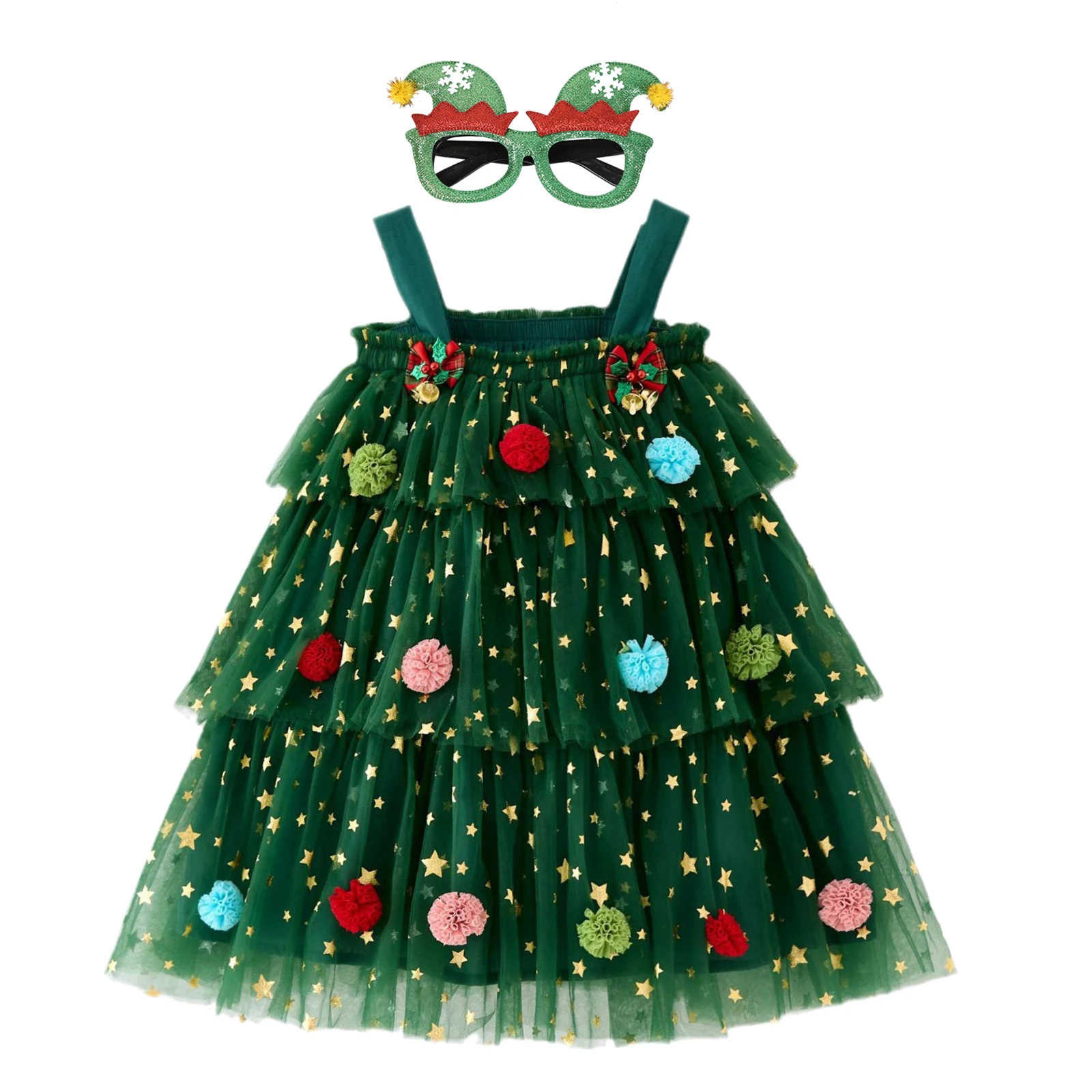 thumbnail image 1 of Christmas Kids Girls Sequin Stars Xmas Tree Dress Sleeveless Layered Tulle Tutu Dress Plush Ball Xmas New Year Party Clothes, 1 of 5