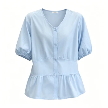 2026 Summer Plus Size V Neck Waist Cinched Spliced Open Blouse Short Sleeve Slim Daily Casual Shirt Curvy Ladies 2064
